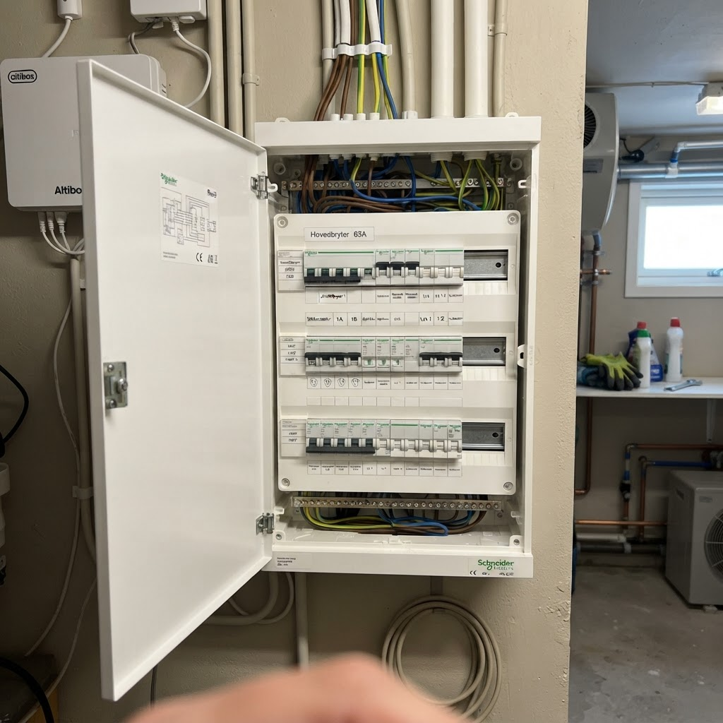 Foto af en åben eltavle taget med telefonen